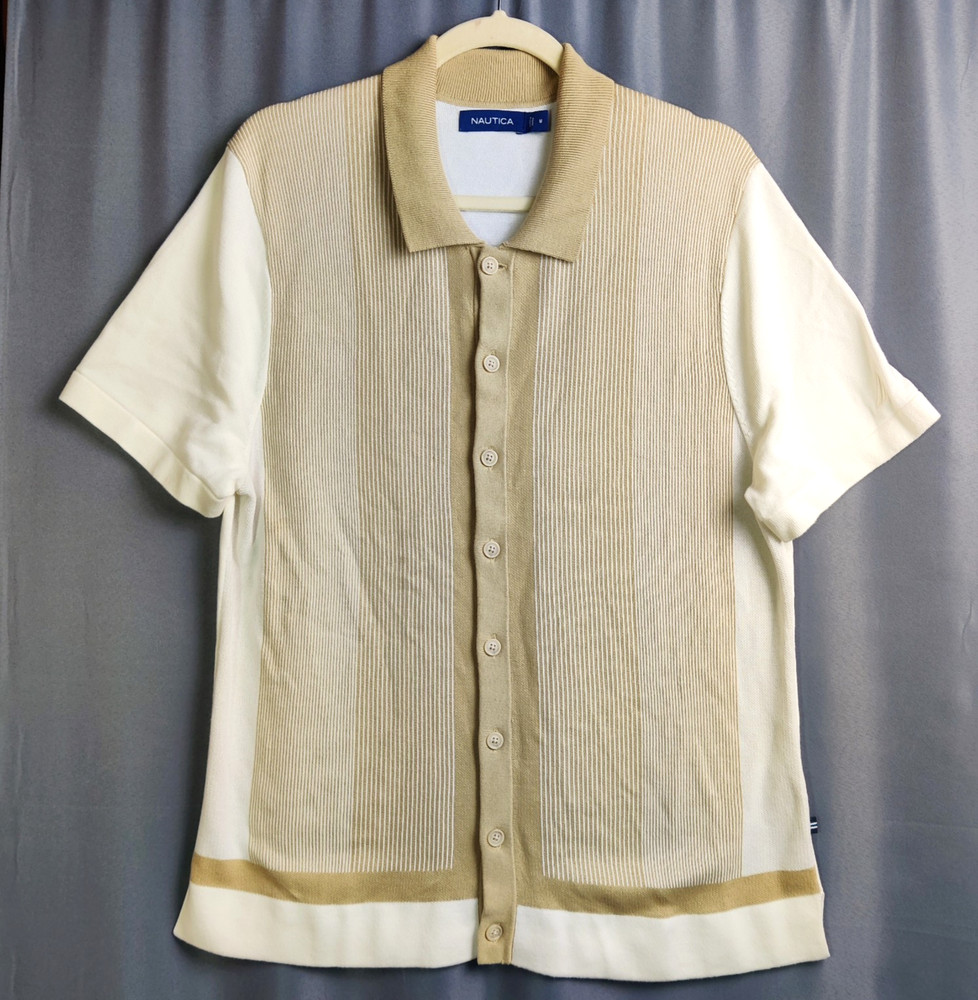 Nautica Sweater Shirt Mens Medium Tan Stripe Jacquard Button Preppy Golf Retro