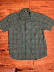 North Face Men’s M Snap Button Up Reflective Green Plaid w/ Front Pockets
