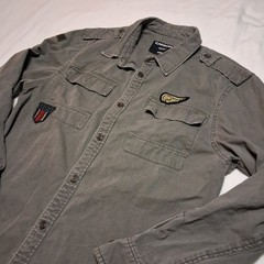 Carbon Military Army Green Button Up Long Sleeve Shirt With Patches Men’s Large