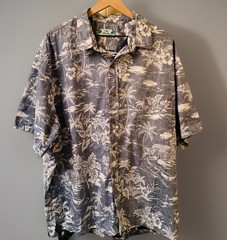 Two Palms Hawaii Mens Hawaiian Shirt Blue White Tropical Beach Hut Wood Buttons