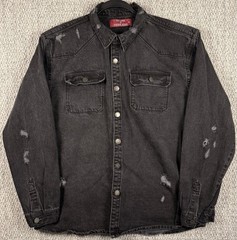 Distressed Black Denim Western Shirt Jacket Mens XL Snap Front Grunge