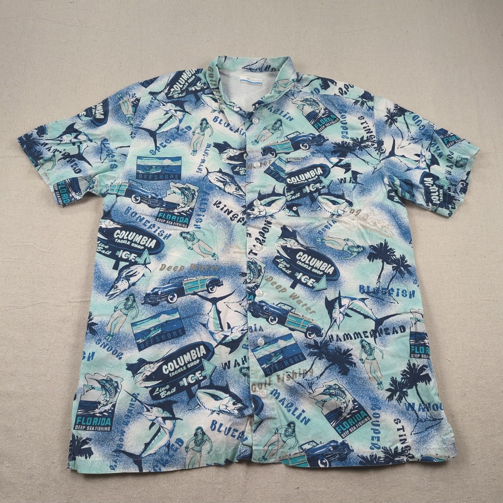 Columbia PFG Shirt Mens Large Blue AOP Fishing Omni Shade Camp Vented