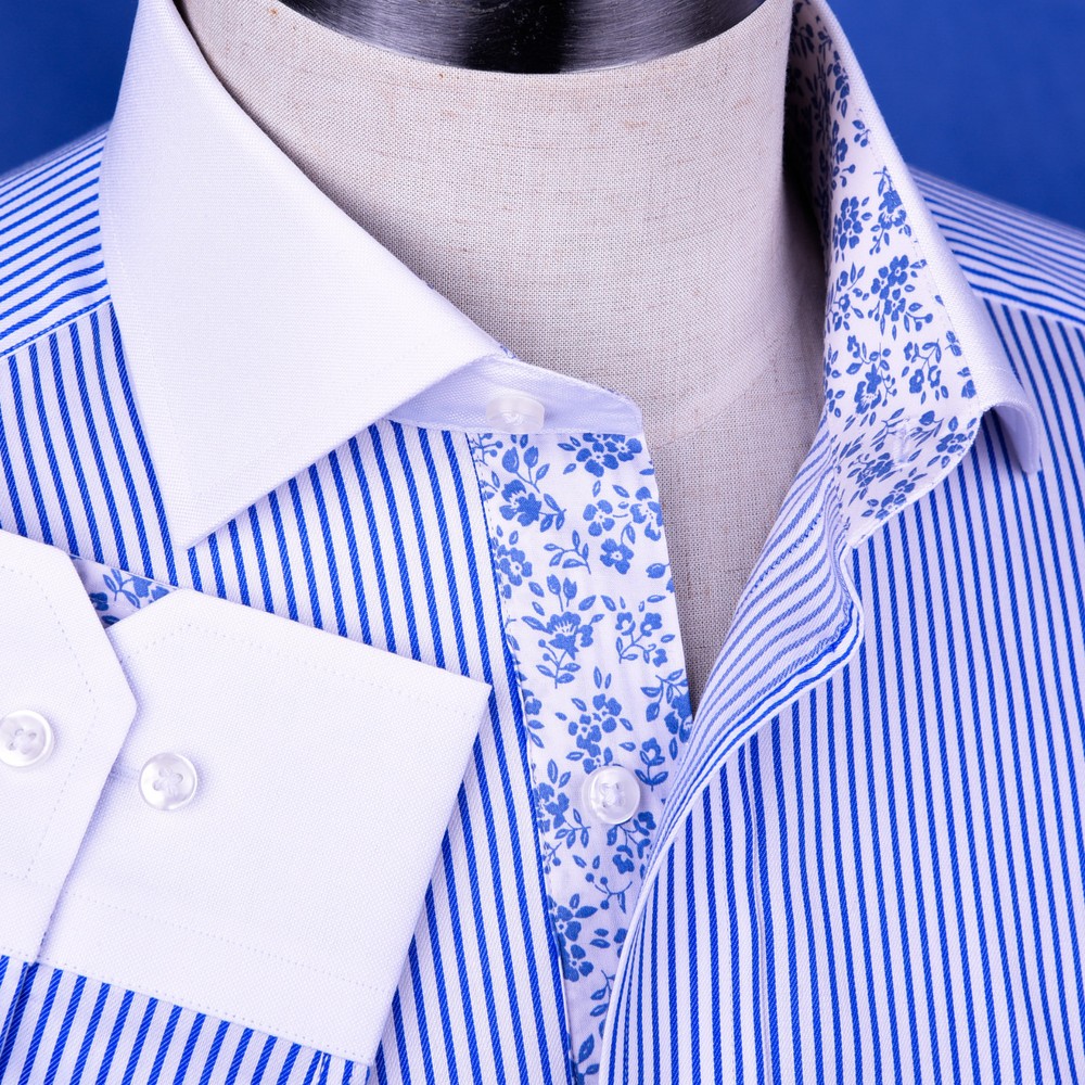 Bright Blue Striped Winchest Contrast Dress Shirt Standard Single Cuff Smart