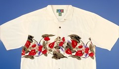 Vtg Hilo Hattie 90s Hawaiian Shirt 100% Silk Chest Border Print Anthurium Size L