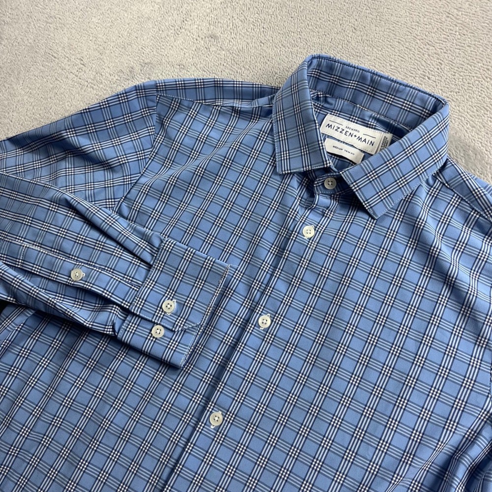 Mizzen + Main Leeward Dress Shirt Mens Medium Trim Fit Blue Plaid Long Sleeve