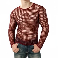 Men Net Blouse Long Sleeve Mesh Shirt Mens Casual Crew Neck Muscle Top Fishnet