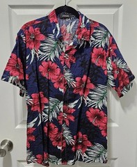 Jogal Men’s Large Navy Blue Floral Button Down Hawaiian Shirt