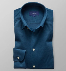 Men ETON Blue Button Under Collar Single Cuff Pique Shirt Slim Fit Size L