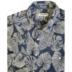 Tommy Bahama Tortola Mens XL Blue White Tropical Monstera Leaf Print Camp Shirt