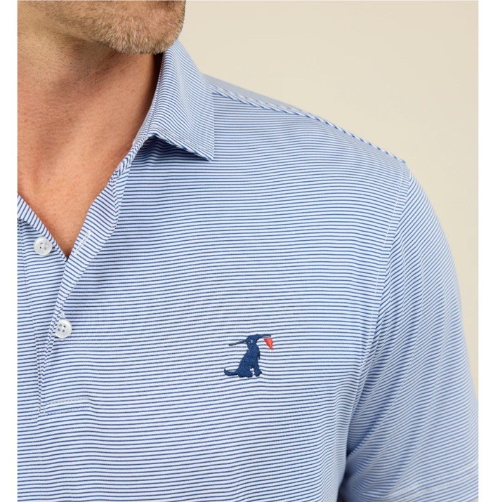 Birdie Retriever The Nautical Polo Shirt Size Large Blue Striped Stretch UPF 50