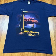 Vintage 90s Fruit Of The Loom T Shirt Mens L Blue Cape May NJ Sailboat Sunset