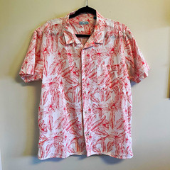 Tenth + Ocean Hawaiian Men’s L White/Coral Tropical Short Sleeve Linen Cotton
