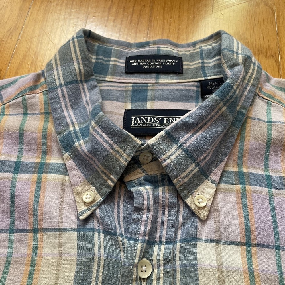 Vintage Lands’ End Plaid Pastel Madras Button-Down Mens Large Made in USA