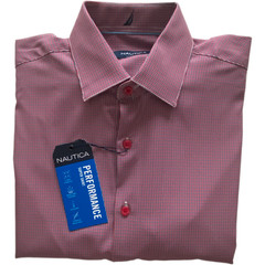Nautica Dress Shirt Men’s 14-14.5 32/33 Performance Slim Fit Red/Navy Ck NWT
