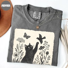 Black Cat Botanical Bird Comfort Tee Linocut Style Graphic Soft Shirt