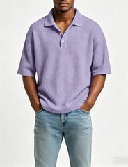 Men Waffle Knit Lapel Shirt Breathable Loose Fit Short Sleeve Button Collar Top