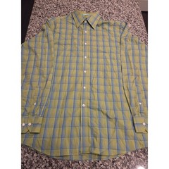 J Ferrar Mens Modern Fit Plaid Button Down Shirt Lime Green Blue 16-16.5 L 1230