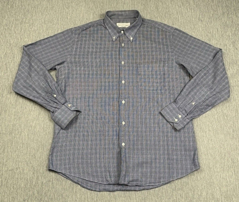 Giovanni Vasta Shirt Mens 16 1/2 Blue Houndstooth Lightweight Button Down Italy