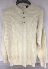 Bill Blass Cream Waffle Knit Chunky Textured Henley Sweater, Men’s Size Large