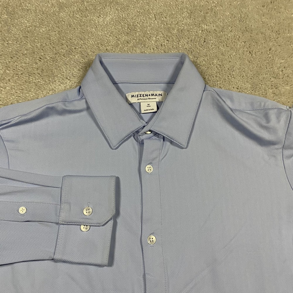 Mizzen+Main Shirt Mens M Blue Herringbone Performance Stretch Trim Fit Button Up