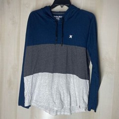 Hurley pullover shirt blue gray hooded long sleeve, size large