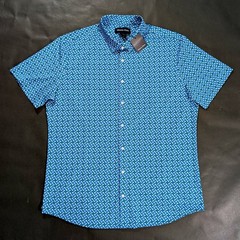 $118 Mizzen+Main Dress Shirt Men Size L Classic Fit Teal Kaleidoscope SS Halyard
