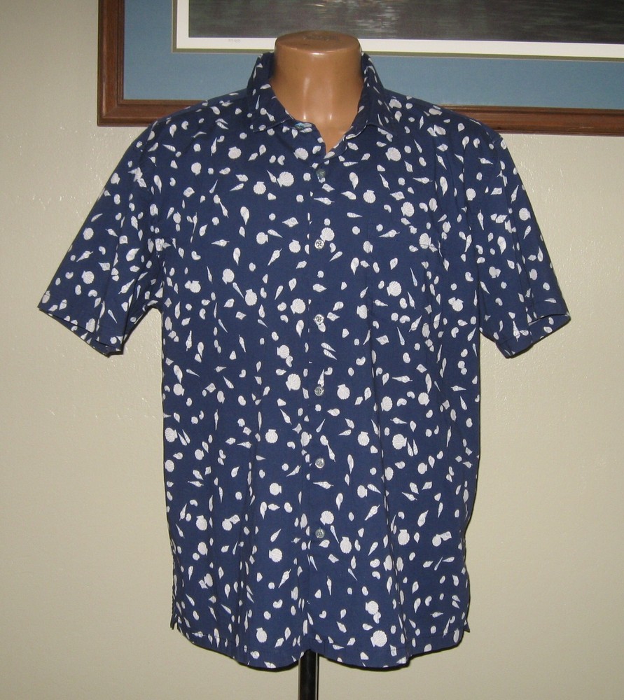 Tori Richard Cotton Spandex Men’s Shell Allover Print Camp Shirt Navy Blue XL