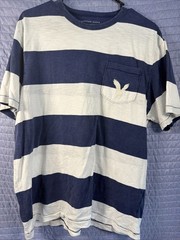 American Eagle Classic Fit T-Shirt Men’s Size L Navy Blue, Gray Stripes~Logo