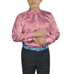 Men’s Extra Long Spread Collar Shirt Rose Pink Satin Retro Stage Theatre Costume