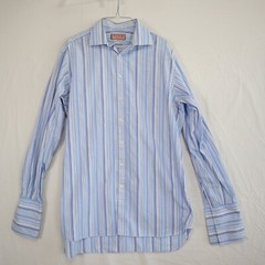 Thomas Pink Shirt Mens 16.5-36.5 French Cuff Button Up Blue Striped Long Sleeve