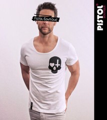 Pistol Boutique Men’s White Scoop Round Neck CHEST SKULL HEART CROSS T-shirt