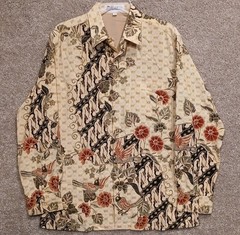 Batik Keris Mens Size 16 Long Sleeve Luxury Batik Floral Bird Gold Trim Print