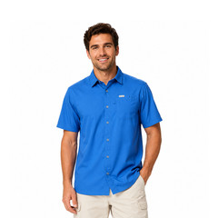 Columbia Men’s Vivid Blue Shirt Slack Tide PFG Camp Shirt UPF 50 S/S (487)