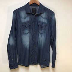 DNMX Denim Shirt Mens Large Blue Long Sleeve Faded Western Workwear Pearl Snap