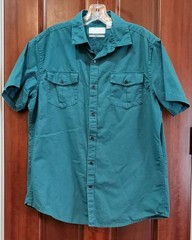 CLAIBORNE size L slim fit teal green 100% cotton button front short sleeve shirt