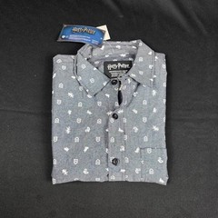 Harry Potter Men’s Casual Button-Down Shirt Gray House Crests Short Sleeve S/P