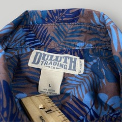 Duluth Trading Co Shirt Mens Large Blue Brown Leaf Print Cotton Button Down