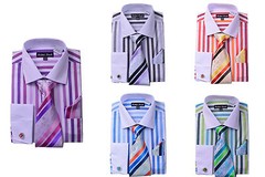 Men’s Unique Stripe shirt With Tie & Hanky Matching Color Cat Eyes Cufflinks 629