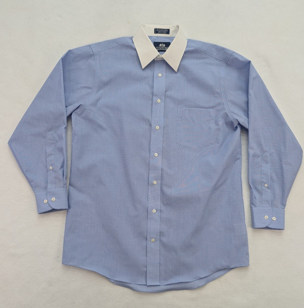 Stafford Men’s Dress Shirt Size 15.5 x 32/33 Blue White Collar Wrinke Free