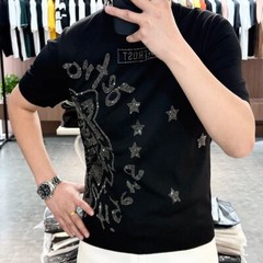 New Men Fashion Trend Tiger Rhinestone Diamond Ice Silk Knitted Luxury T-Shirt