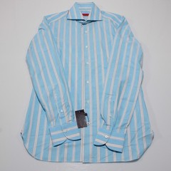 Isaia NWT Long Sleeve Dress Shirt Size 15 38 in Blue Stripes 100% Cotton