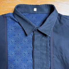 Cita Men’s Mexican Guayabera Shirt Navy Blue Short Sleeve Red Embroidery Denim