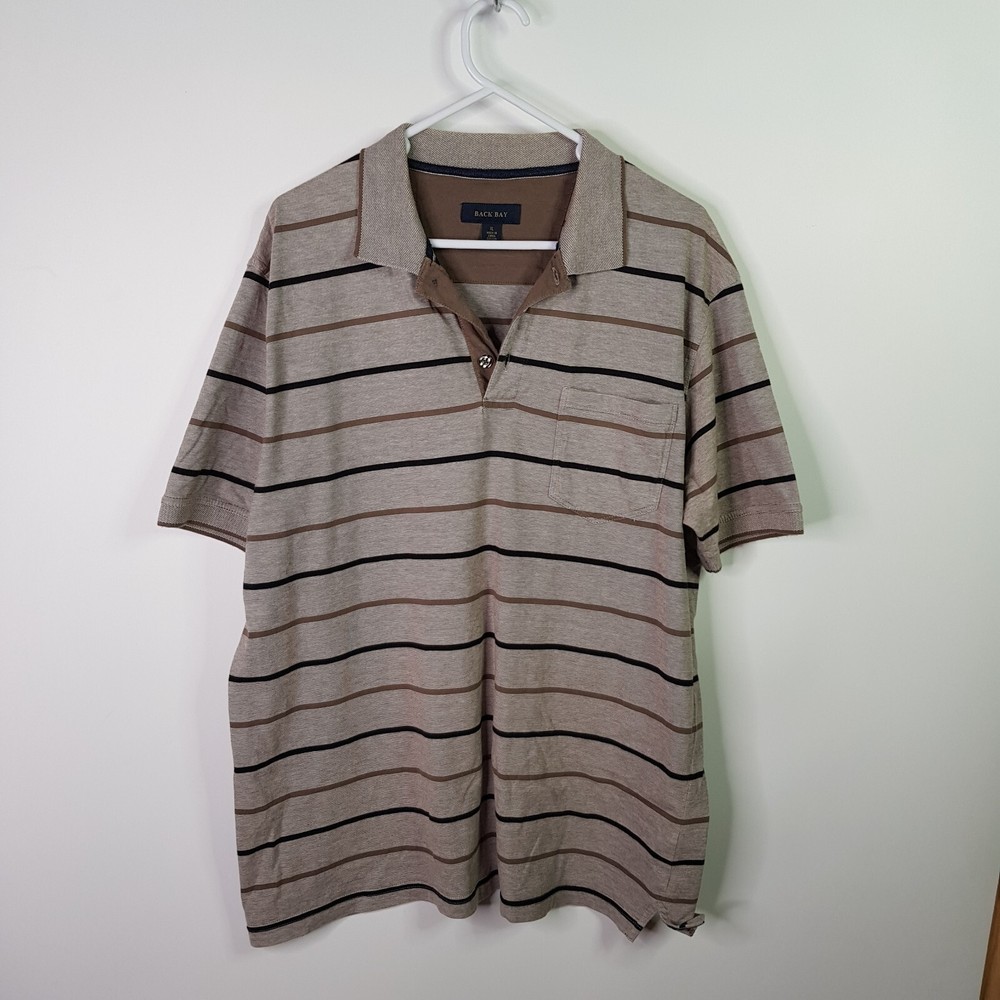 Back Bay Old Money Cotton Polo Shirt Mens Size XL Brown White Slim Sleeve Seam