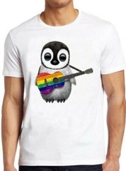 Baby Penguin Playing Guitar Gay Pride LGBT Rainbow Cool Gift Tee T Shirt M209