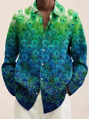 Button Down Shirt Men Peacock Feather Design Luxury Long Sleeve Button Tops