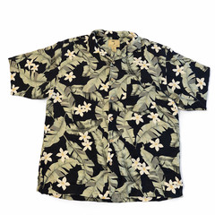 Jamaica Jaxx Mens Silk Hawaiian Camp Shirt Black Green Palm Leaf Plumeria M