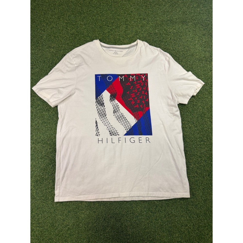 Tommy Hilfiger Mens XL Graphic T-Shirt White Abstract Box Logo Short Sleeve Tee