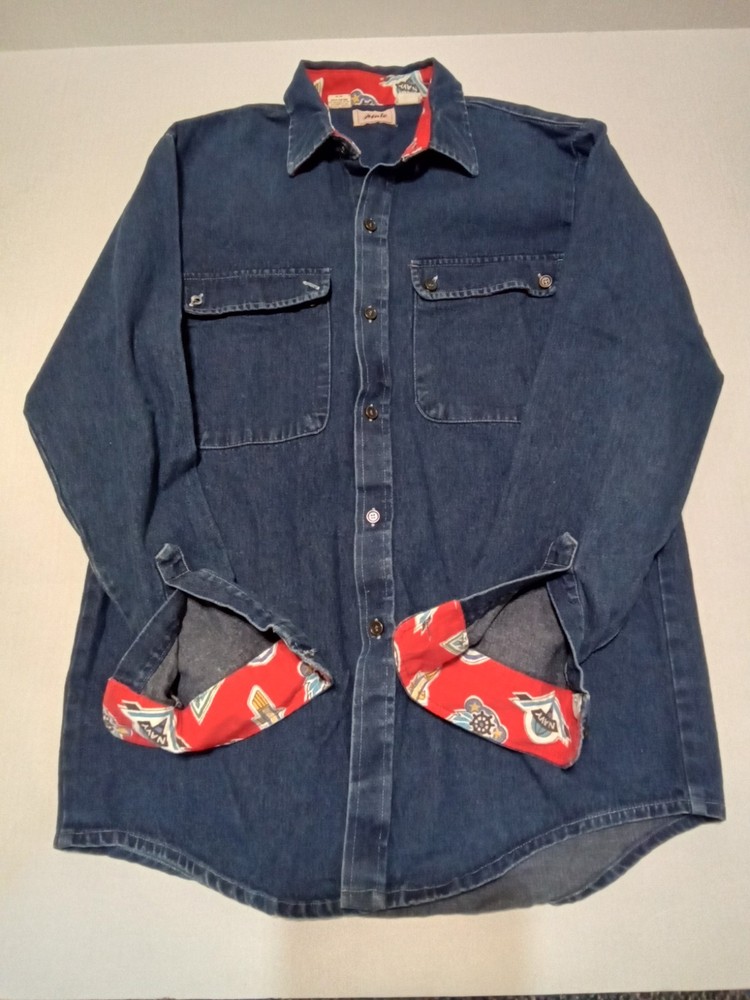USA 1970s Vintage Male Brand Denim Long Sleeve Shirt Navy Pattern A++ Look