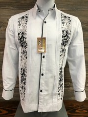 Men’s Guayabera White Wedding Dress Shirt With Black Flower Double Embroidery