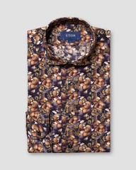 Men ETON Shirt Dark Blue Nature Print Slim Fit Single Cuff 39 15.5
